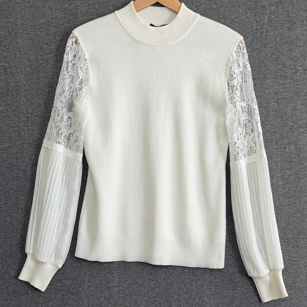 Mock‎ Neck Sweater Cream Lace Pleated Sleeve Women's Large Unique Feminine